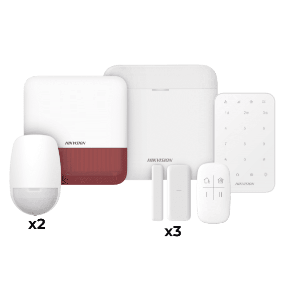 (AX PRO) KIT de Alarma AXP RO / Incluye: 1 Hub / 2 Sensores PIR / 3 Contactos Magnéticos mini / 1 Control Remoto / 1 Sirena Estrobo en color Rojo Inalambrica Exterior /1 Teclado Inalámbrico / WiFi / Compatible con Hik-Connect P2P