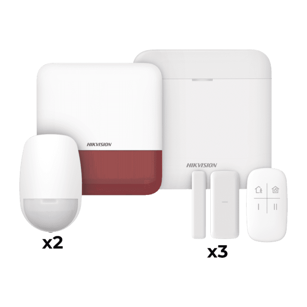 (AX PRO) KIT de Alarma AXP RO / Incluye: 1 Hub con bateria de respaldo / 2 Sensores PIR / 3 Contactos Magnéticos mini / 1 Control Remoto / 1 Sirena Inalambrica Exterior color rojo  / WiFi / Compatible con Hik-Connect P2P