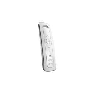 Control remoto 2 canales para motores de persiana Somfy con señal inalámbrica, instrucciones: sube, baja y detener, con posición favorita programada.