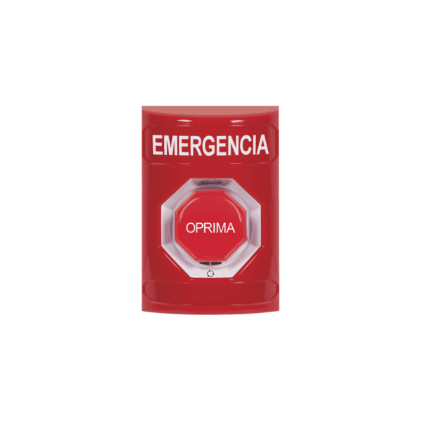 Botón de Emergencia, Texto en Español, Color Rojo, Acción Mantenida, Girar para Restablecer y LED Multicolor