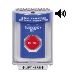 Botón De Salida De Emergencia Con Bocina De Advertencia Integrada, Interior/Exterior, Texto En Ingles, Tapa Protectora De Policarbonato Súper Resistente, Llave Para Restablecer