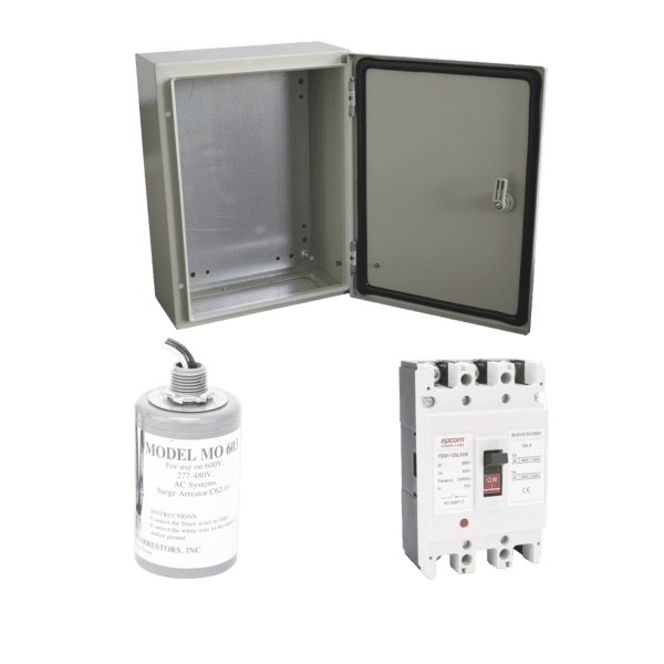 Kit de Centro de Carga Trifasico Para Corriente Alterna, Breaker de hasta 690 Vc de 125 A con Supresor de Descargas Atmosféricas.