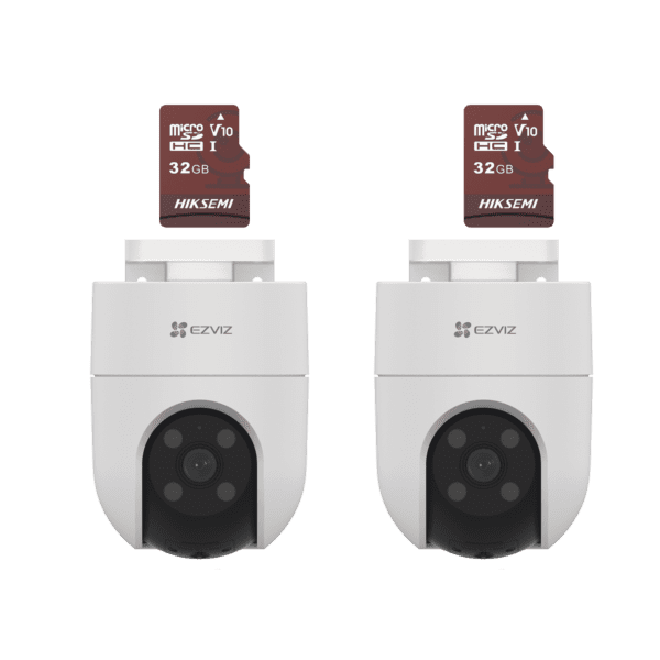 Kit de Camaras WiFi, Incluye 2 Piezas CS-H8C y 2 Piezas HS-TF-E1/32G / Audio de Dos Vías / Detección de Movimiento /  Luz Estroboscópica / Sirena  /  Uso en Exterior con Protección