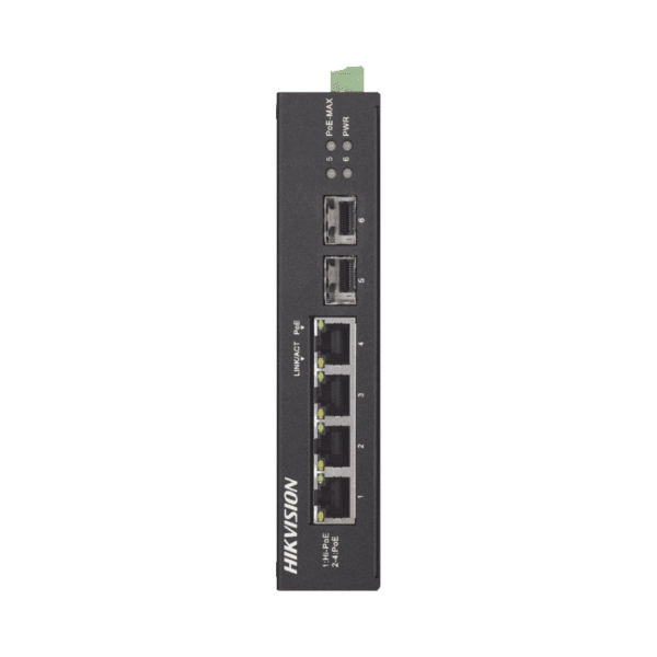Switch Industrial No Administrable Gigabit / 3 Puertos Gigabit PoE+ (30 W) + 1 Puerto Gigabit PoE++ (60 W) / 2 Puertos SFP / 65 W Total / 48 a 57 VCD / Ideal para Proyectos / 300 Metros de Distancia