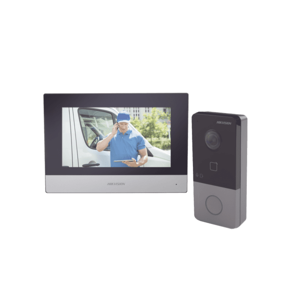 Kit de Videoportero IP Poe Estandar con llamada a App de Smartphone (HikConnect) / Apertura con tarjeta MIFARE / Frente de calle IP65 / Soporta 1 Departamento