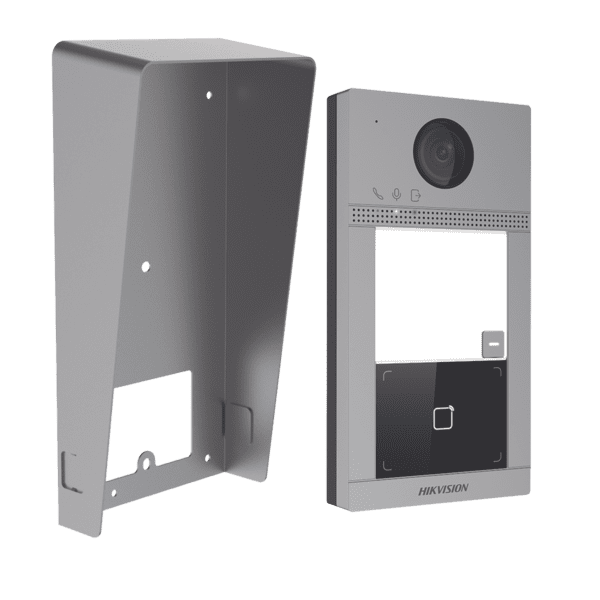 Kit Videoportero + Carcasa protectora IP 2 Megapixel / Llamada y Apertura Remota desde App Hik-Connect / PoE / Exterior IP65 + Antivandalico IK08 / 1 Departamento / Apertura con Tarjeta / Soporta 2 Puertas y hasta 6 Monitores