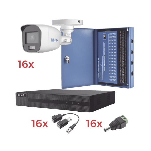 Kit TurboHD 1080p Lite / DVR 16 Canales / 16 Cámaras Bala Exterior ( 2.8mm) con ColorVu + Micrófono Integado / Transceptores / Conectores / Fuente de Poder Profesional