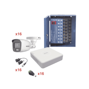 Kit TurboHD 1080p Lite / DVR 16 Canales / 16 Cámaras Bala Exterior ( 2.8mm) con ColorVu + Micrófono Integado / Transceptores / Conectores / Fuente de Poder Profesional