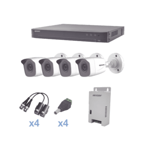 KIT TurboHD 1080p / DVR 4 Canales / 4 Cámaras Bala Metálicas (exterior 2.8 mm) / Transceptores / Conectores / Fuente de Poder Profesional