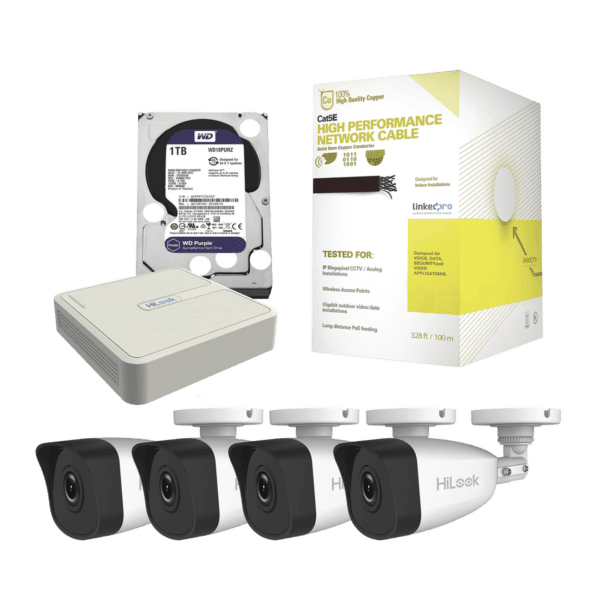 Kit IP 4 Megapixel / NVR de 4 Canales / 4 Cámaras IP / Bobina de Cable de 100 mts / Disco Duro 1 TB