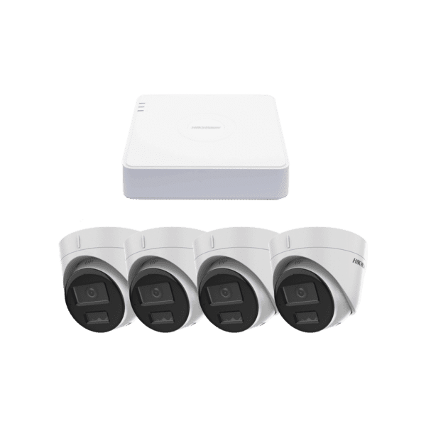 Kit IP 1080p (2 Megapixel) / NVR de 4 Canales con 4 Puertos PoE / 4 Cámaras IP Turret con Micrófono Integrado / ColorVu y ACUSENSE Lite