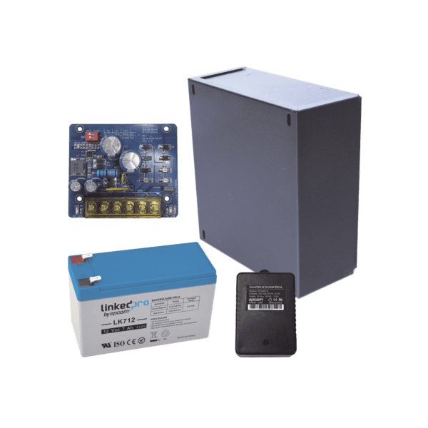 Kit con fuente PLB2 con salida de 12 Vcc a 2.5 Amper, incluye transformador y batería de 12 V a 7 Amper
