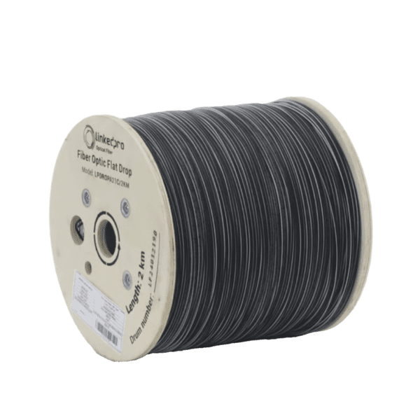 Carrete de 2 km de Fibra Óptica Drop Plana, Interior/Exterior G.657A2 Monomodo de 1 hilo (unifibra), Dieléctrica, Forro Negro, Compatible con Conectores FASC, FASCUP, FASCLC