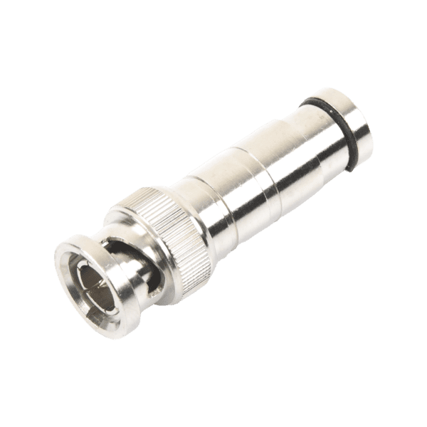 Conector BNC Macho en 75 Ohm, de Compresión Axial para Cable Coaxial RG-59/U, Níquel/ Oro/ Politetrafluoroetileno.